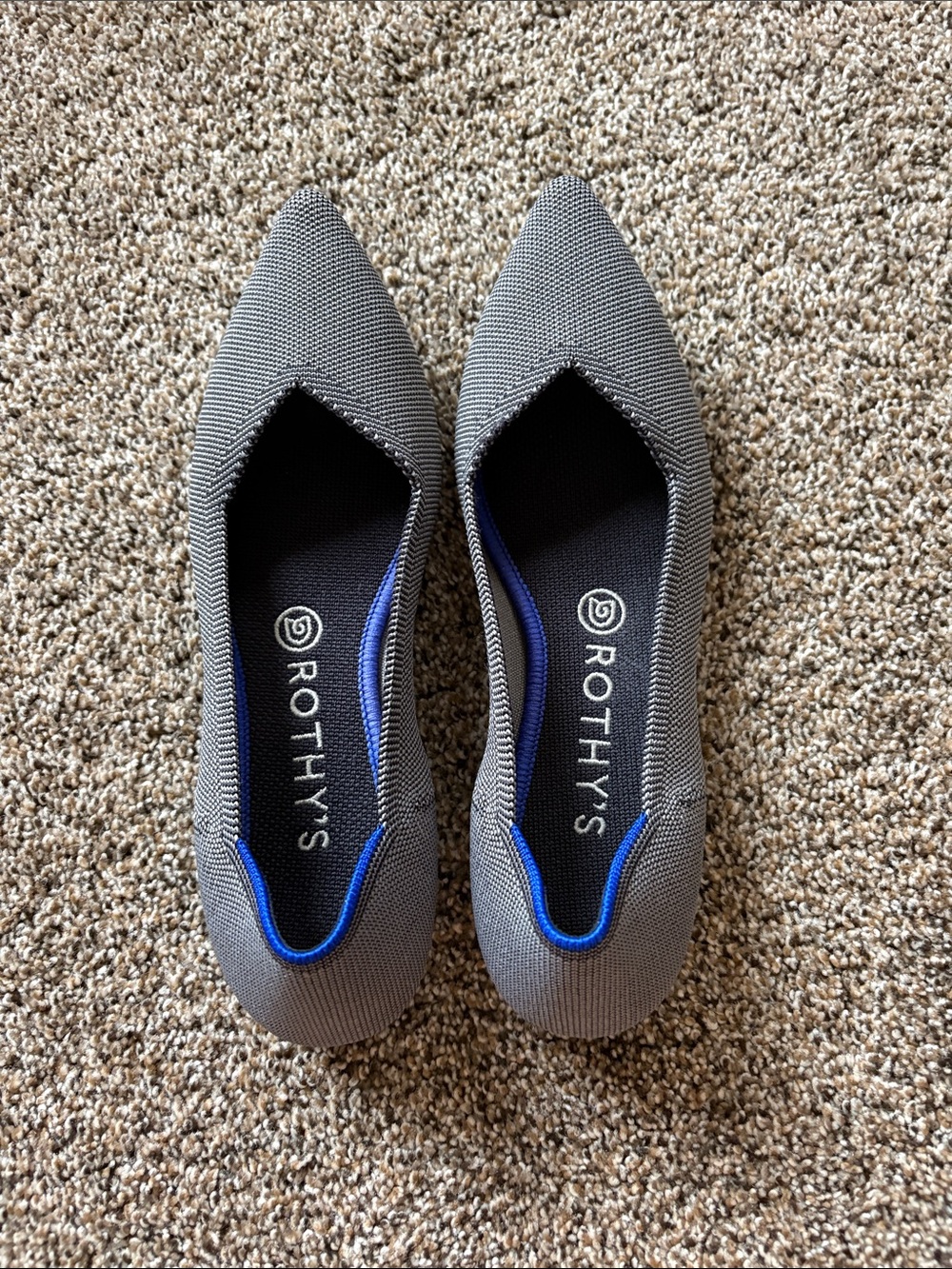 Rothy's Gray Knit Pointed Flats with Blue Trim